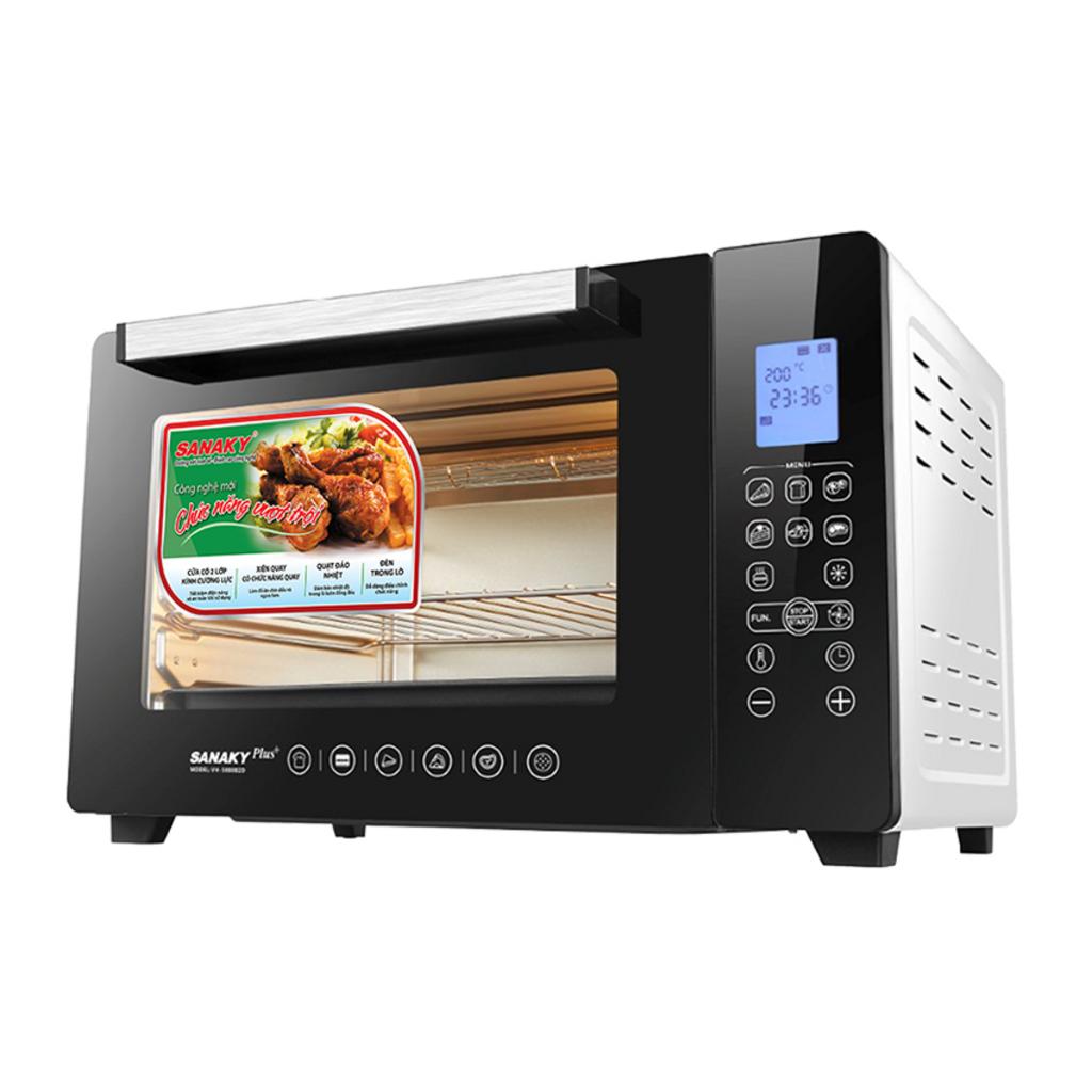 Quạt đối lưu giúp nướng đều, phù hợp gà nguyên con và bánh.