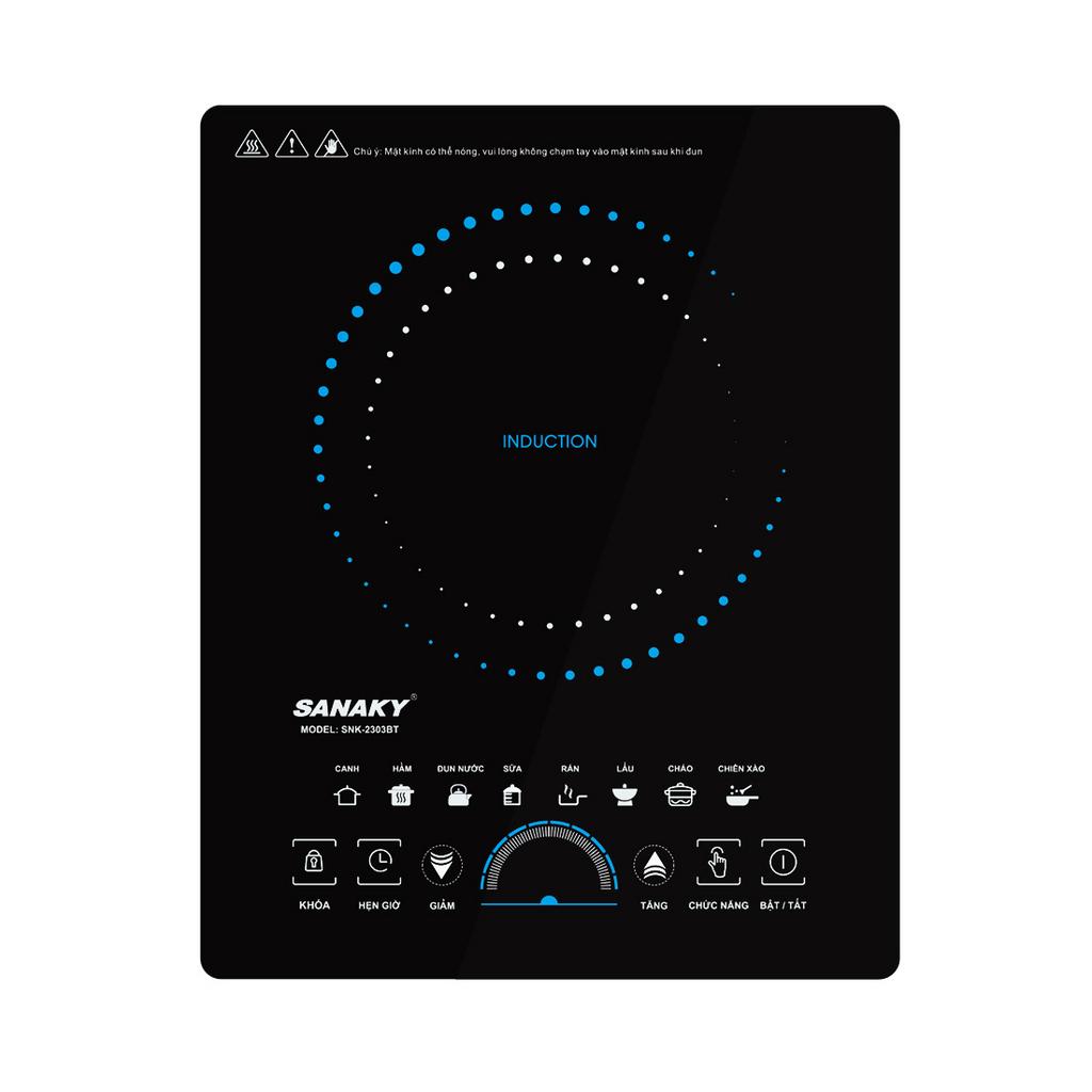 Bếp từ đơn Sanaky SNK-2303BT kèm nồi inox 28cm — nhỏ gọn, nấu nhanh, dễ vệ sinh.