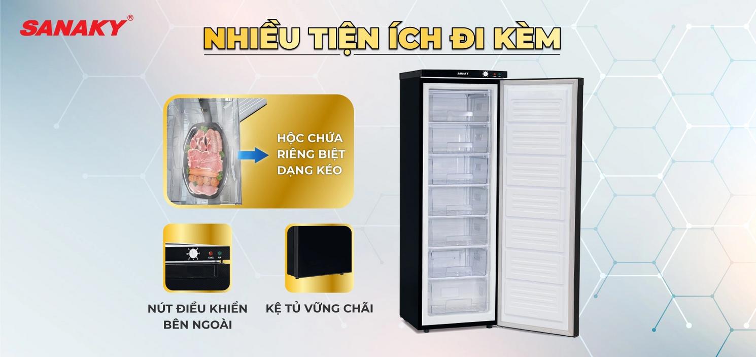 Hình minh họa kích thước đặt tủ trong bếp nhỏ và demo cấp đông (nhiệt độ hiển thị).