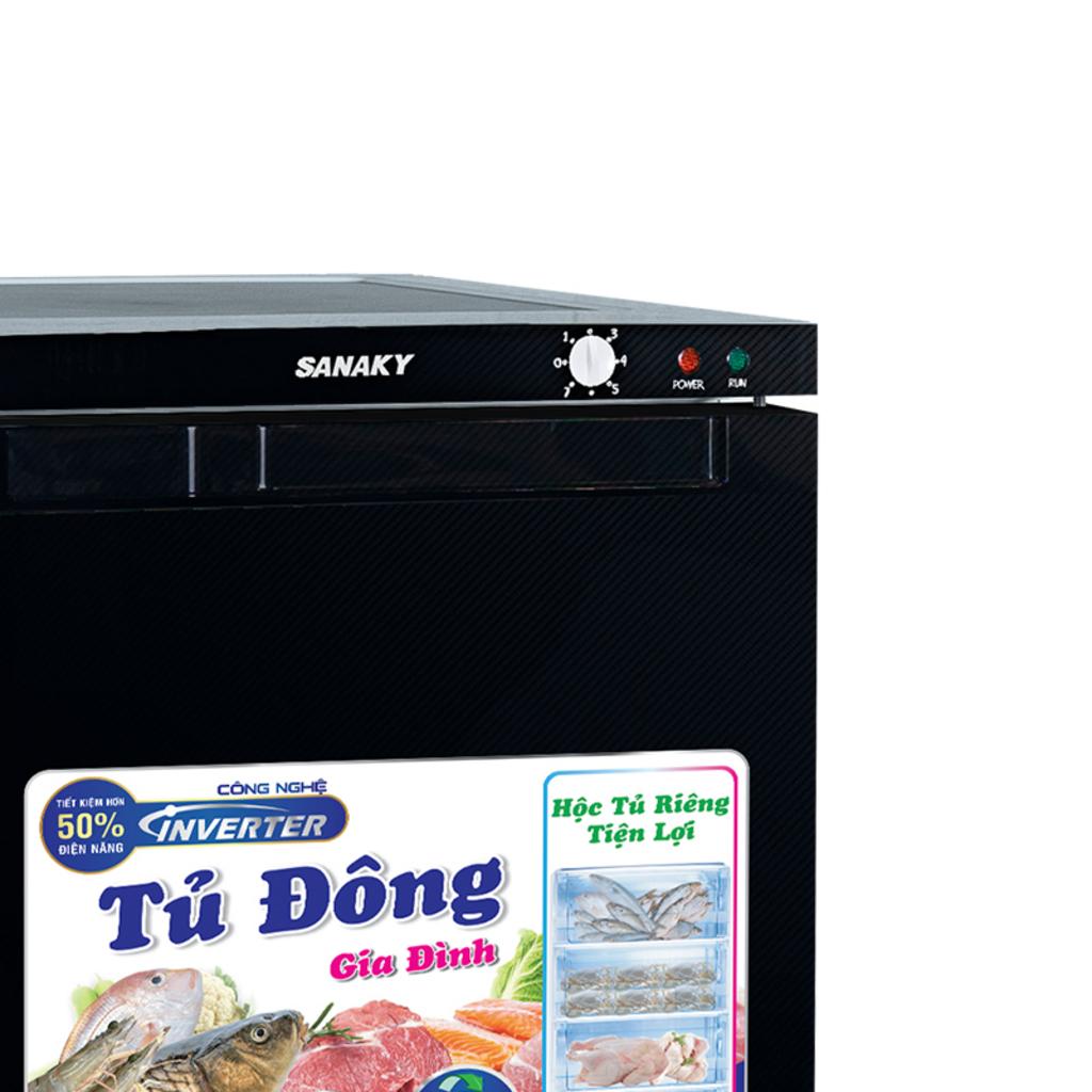 Hình minh họa kích thước đặt tủ trong bếp nhỏ và demo cấp đông (nhiệt độ hiển thị).