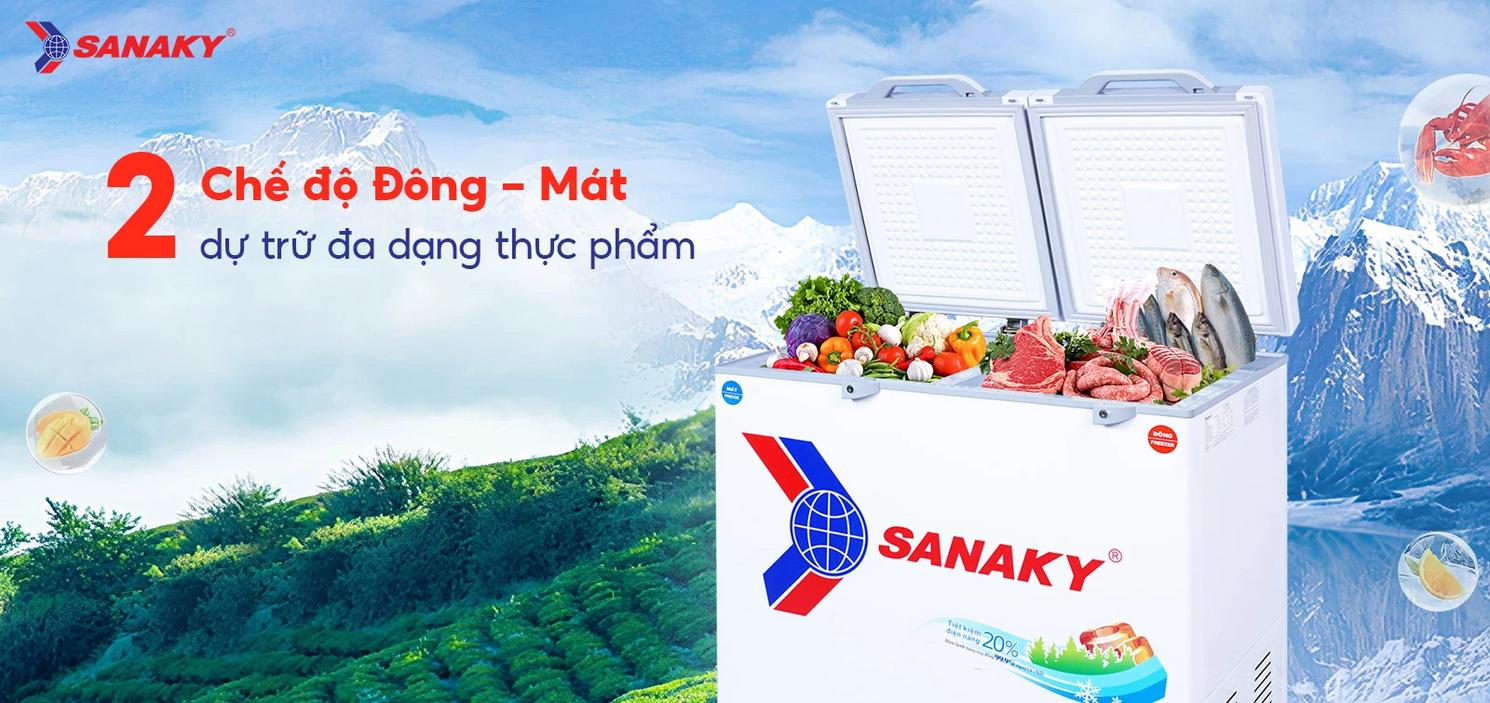 Ngăn đông giữ lạnh sâu cho thịt cá lâu ngày; mở rộng không gian lưu trữ khi cần thiết; hình minh họa thực phẩm được xếp gọn trong ngăn đông của tủ.