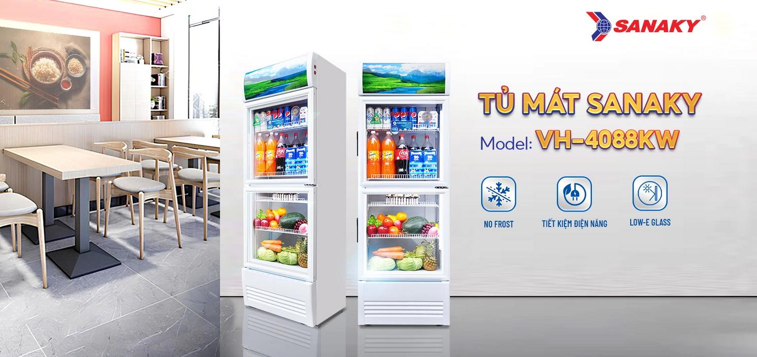 Tủ mát Sanaky VH‑4088KW trưng bày 350L — lý tưởng cho quán cafe, cửa hàng tạp hóa.