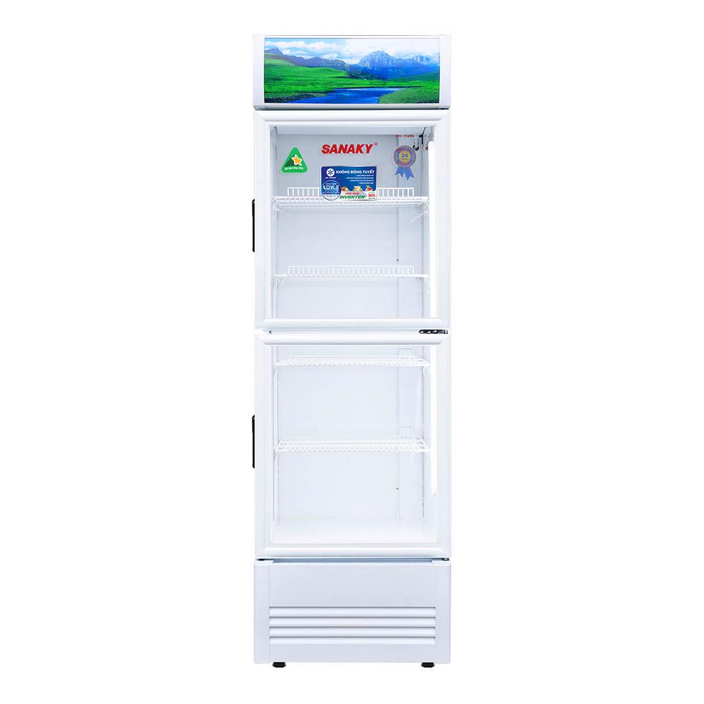 Tủ mát Sanaky VH-4588KW3 trưng bày hút khách — kính Low‑E và đèn LED làm nổi bật thực phẩm.