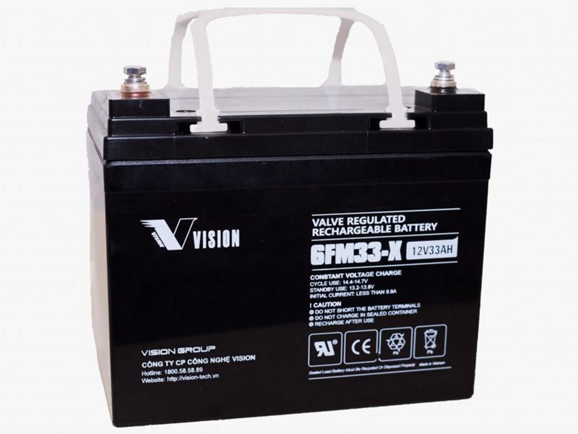 Ảnh sản phẩm chính — Vision 6FM33X (12V-33Ah) với tem chính hãng.
