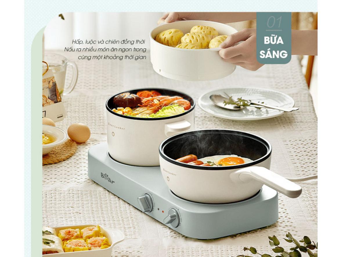 Bộ nồi 1.2L và chảo 1.4L đi kèm đầy đủ.