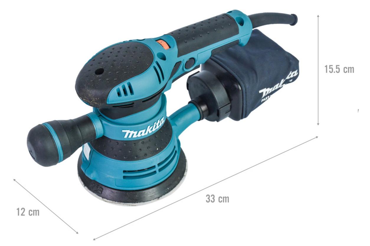 Đế và biên độ quỹ đạo của BO5041 cho bề mặt mịn và đều (before/after).","imagePrompt":"Side view of the sander working on a wooden plank showing even sanding pattern; split-screen before/after.