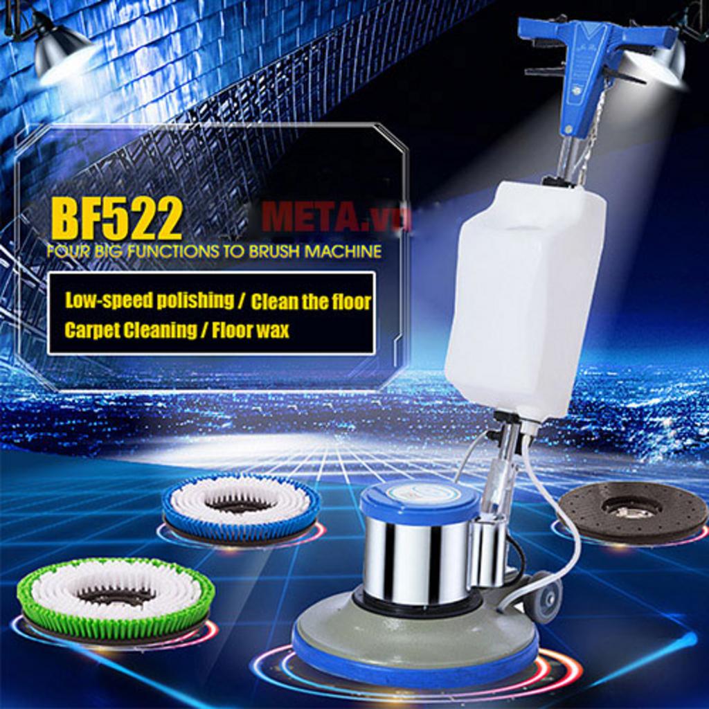 Công suất mạnh mẽ cho hiệu suất làm sạch cao (Camry BF 522) - trước/sau hình minh họa: bề mặt gạch sạch bóng hơn sau 1 lần chà với máy BF 522; imagePrompt: "Close-up of the machine motor and pad at work on a tiled floor, showing water/foam removal, high-detail"
