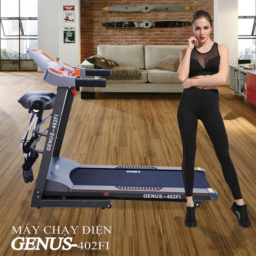 Động cơ 1.5–3.0 HP của Genus 402FI giúp vận hành êm ái và bền bỉ trong môi trường gia đình cung cấp hiệu suất ổn định cho bài tập hàng ngày. (Use close-up of motor casing and running belt.)