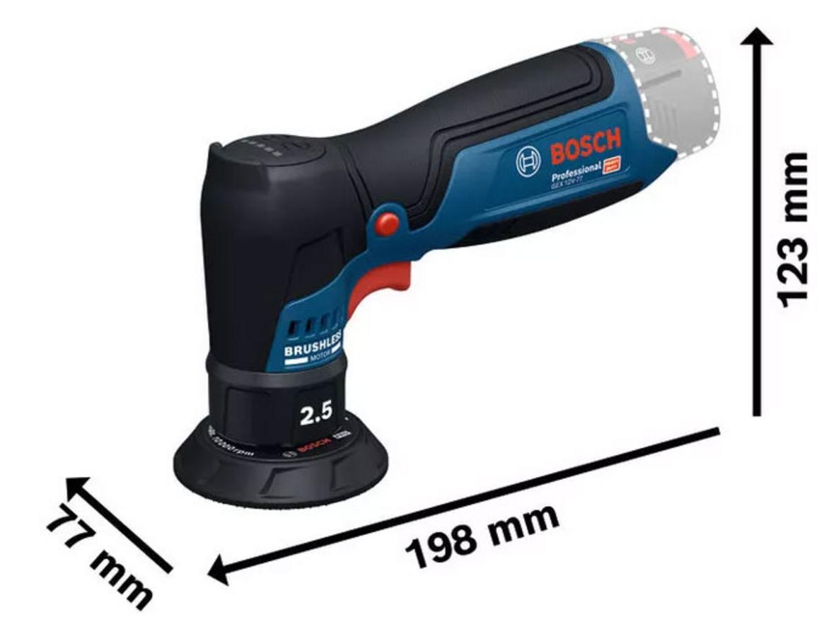 Động cơ không chổi than (Brushless) của GEX 12V-77 giảm bảo trì, cho hiệu suất ổn định và tuổi thọ cao hơn khi làm việc liên tục trên công trình hoặc xe hơi. (Ảnh minh họa)  / Image: close-up of motor housing and vents on the GEX 12V-77 body-only in workshop setting, technician holding tool.