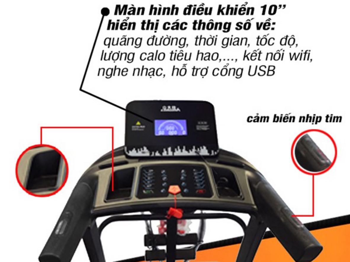 Động cơ DC 3.0 HP — mạnh mẽ và bền bỉ (hình minh hoạ) - hiển thị động cơ và bảng điều khiển có tốc độ tối đa 20 km/h) , imagePrompt: "Close-up of the treadmill motor and control panel, showing speed settings and a runner doing intervals."