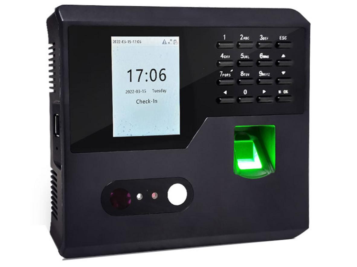 Dung lượng lưu trữ và kết nối ADMS — phù hợp cho SMB; imagePrompt: FA110 connected to a laptop via LAN showing attendance software dashboard.