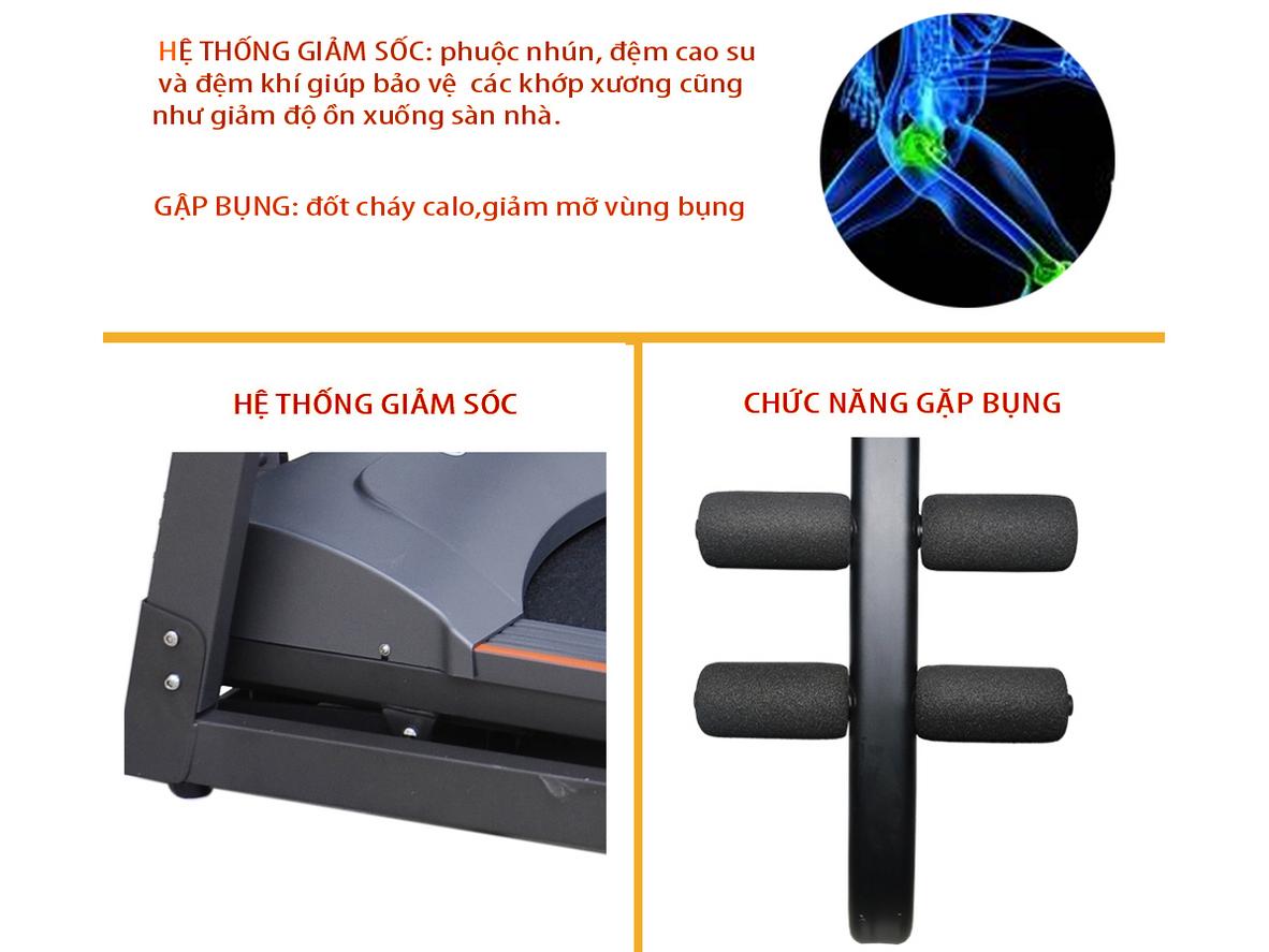 Ảnh cận cảnh thảm chạy và phần giảm chấn, imagePrompt: "Close-up of the treadmill belt and shock absorbers, showing padding and textured surface"