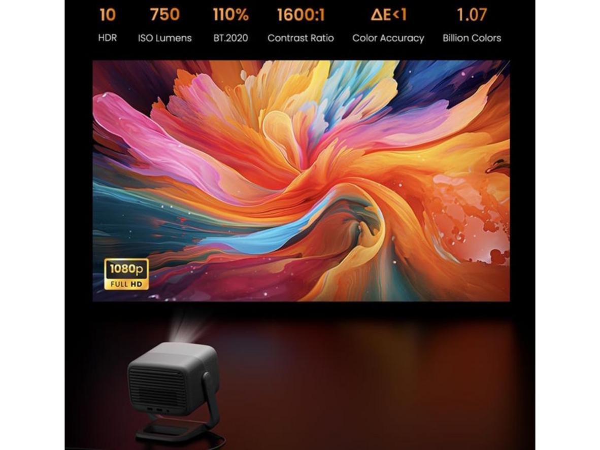 Thiết kế gimbal xoay 360° cho phép chiếu linh hoạt từ bàn, kệ hoặc trần nhà.