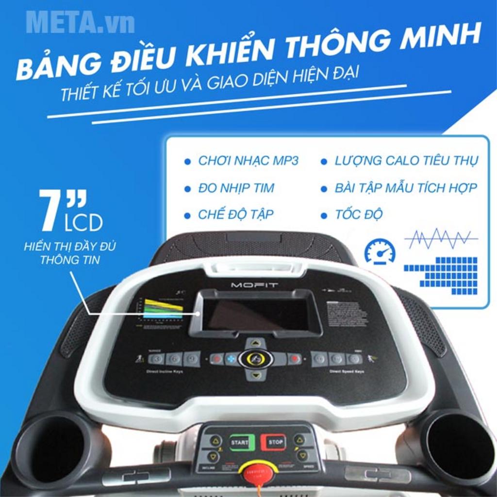 Động cơ DC mạnh mẽ, hoạt động êm ái cho tập luyện liên tục (Mofit SP650). (Ảnh minh họa động cơ và bảng điều khiển gần).