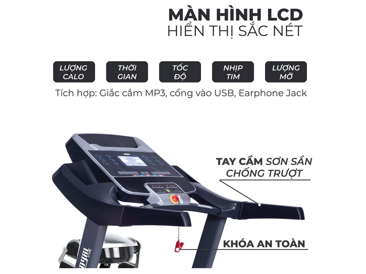 Động cơ DC 3.0HP của Royal 5754B hoạt động êm và bền bỉ trong sử dụng gia đình lâu dài; imagePrompt: Close-up of the motor area and treadmill running belt, showing smooth motion and stability.