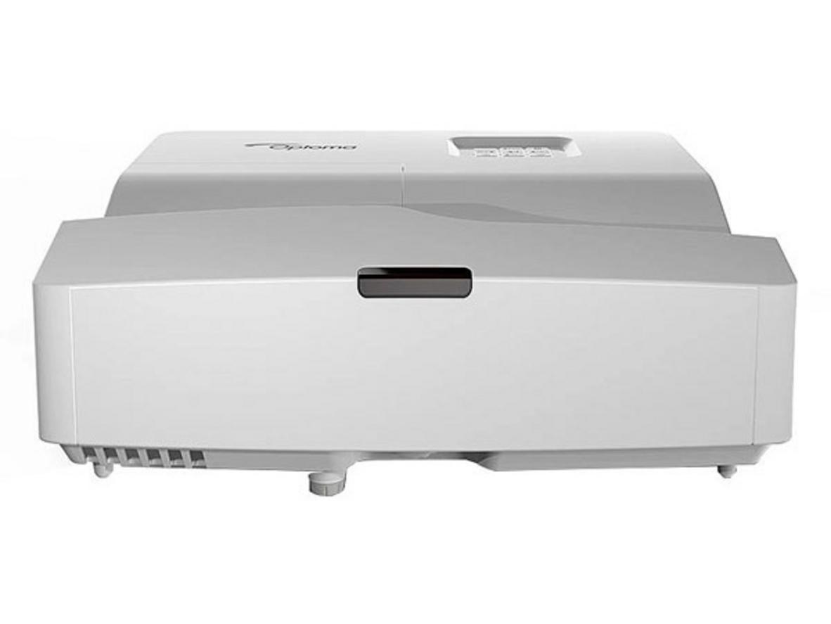 Máy chiếu đặt sát tường, phóng ảnh 100 inch để minh họa tỉ lệ siêu gần và kích thước hiển thị