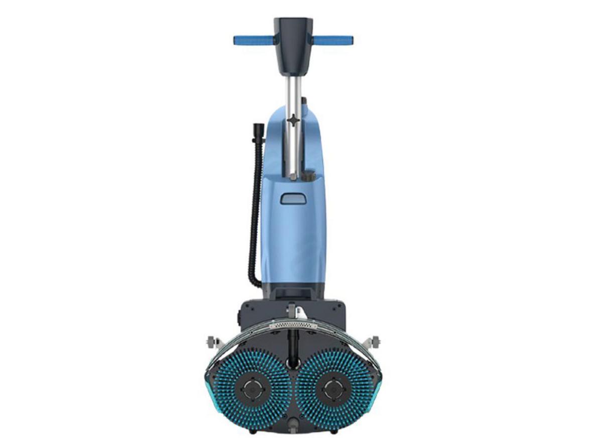 Hệ thống motor chà & hút của TL18 hoạt động đồng bộ — chà sạch và hút khô ngay lập tức. (Ảnh minh họa) , imagePrompt: "Close-up of twin brush motors (160W x2) and suction unit on Teklife TL18, showing water extraction on tiled floor."