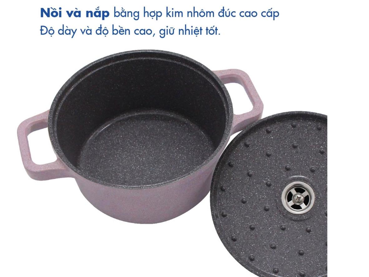 Nhôm đúc nguyên khối giúp nồi bền chắc và nấu đều hơn.
