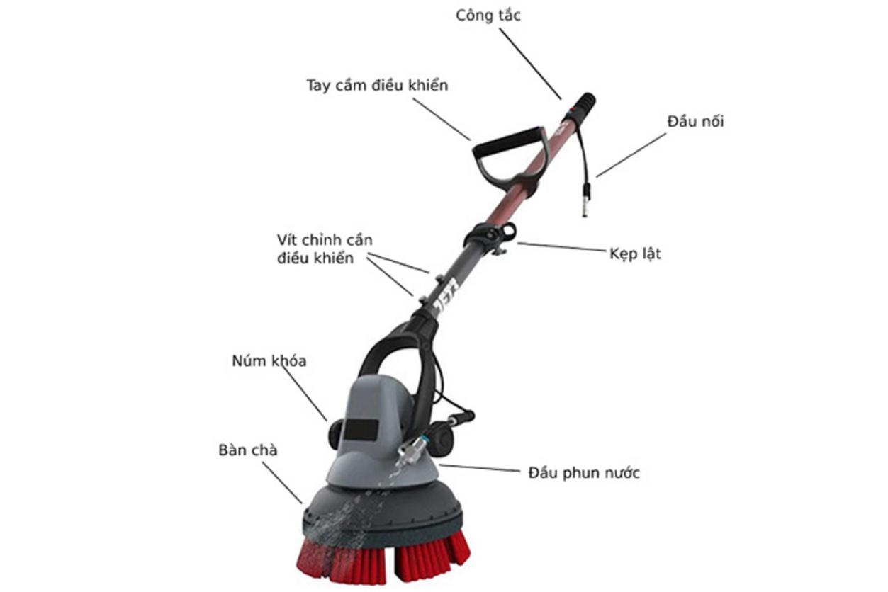 Pin 12V 7Ah cho phép vận hành di động 4 giờ liên tục (sạc 8h).","imagePrompt":"Photo of the machine with the battery removed and a close-up of the battery pack."
