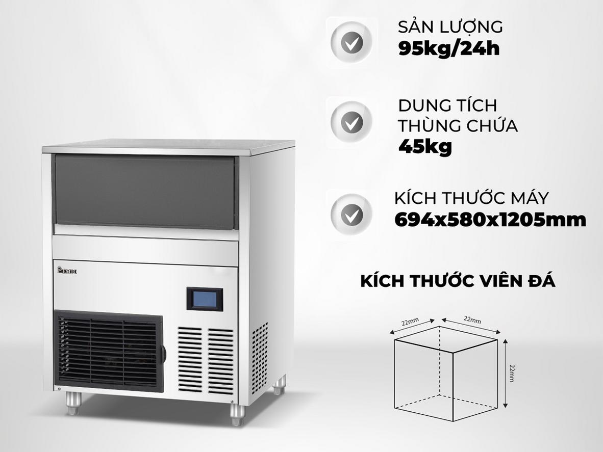 Sản lượng đá ~100kg/24h, phù hợp quán vừa và lớn.