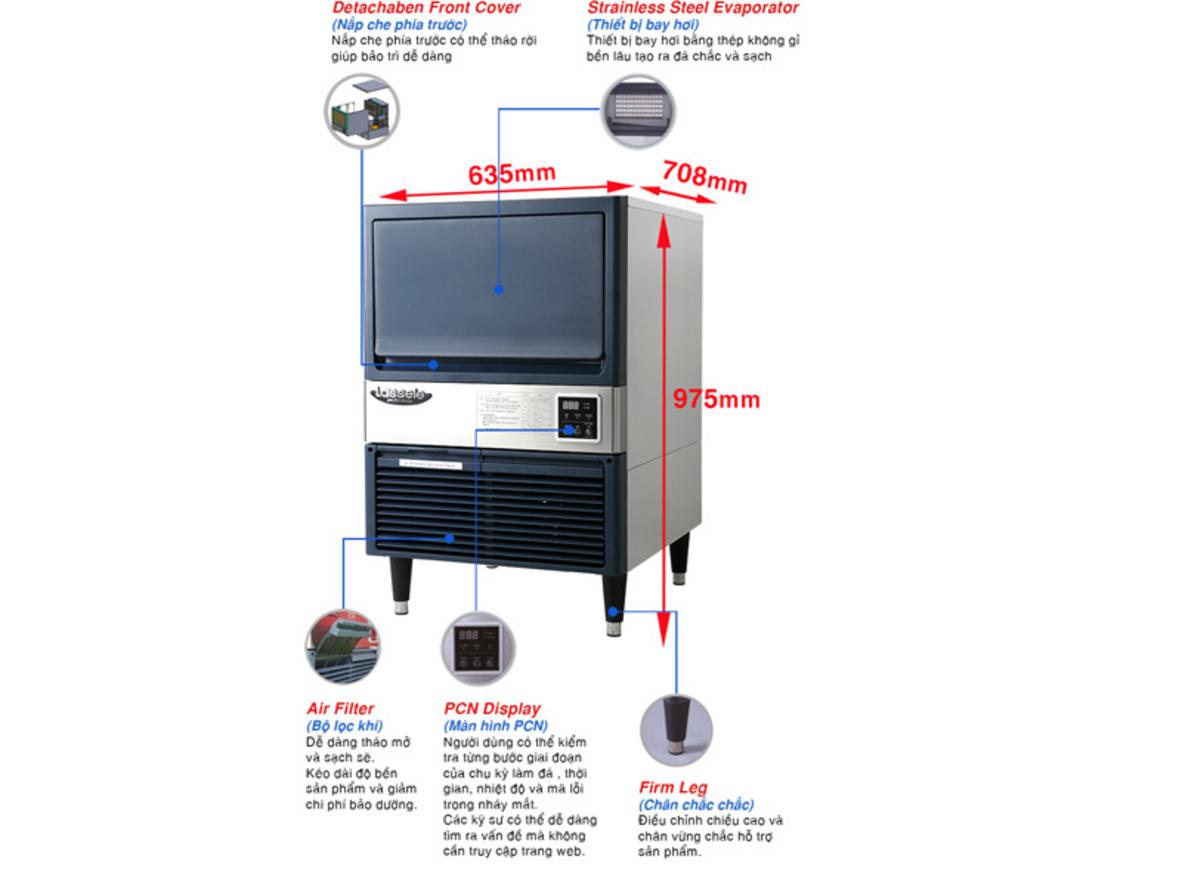Sản lượng 113–126 kg/24h và thùng chứa 42 kg