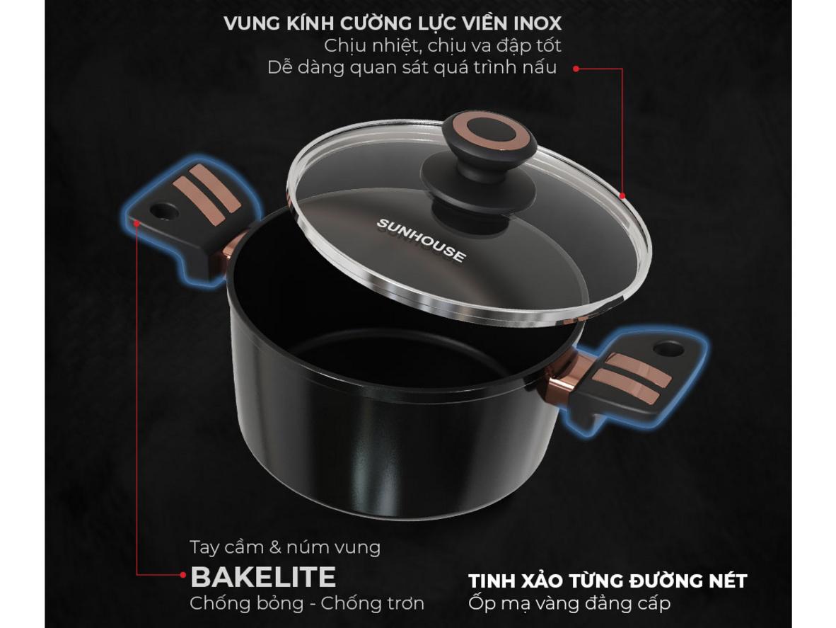 Thân nhôm dày ~2.2 mm và đáy Inox 430 tương thích bếp từ.