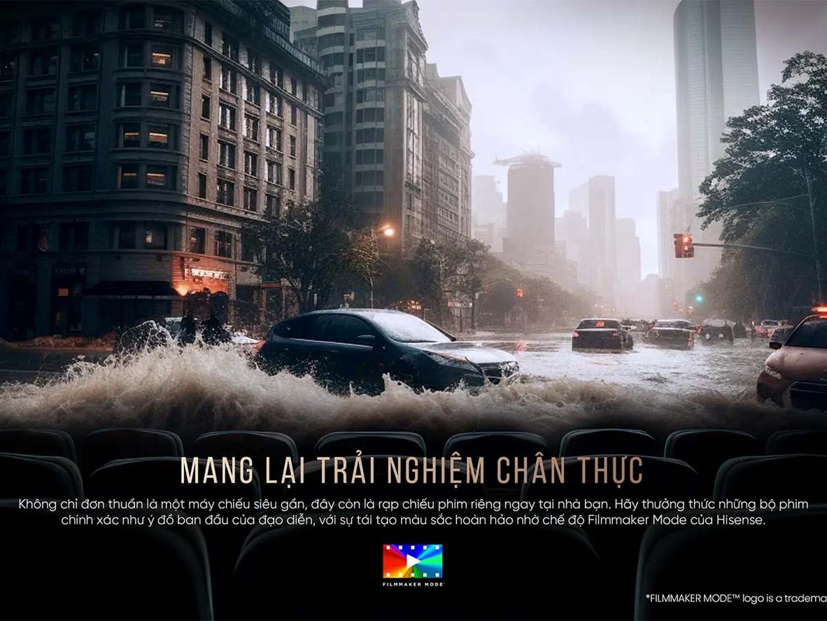 TriChroma Laser + 4K cho màu sắc điện ảnh chân thực (minilifestyle) - Hiển thị 120" demo tối sáng khác nhau để thấy dải màu.