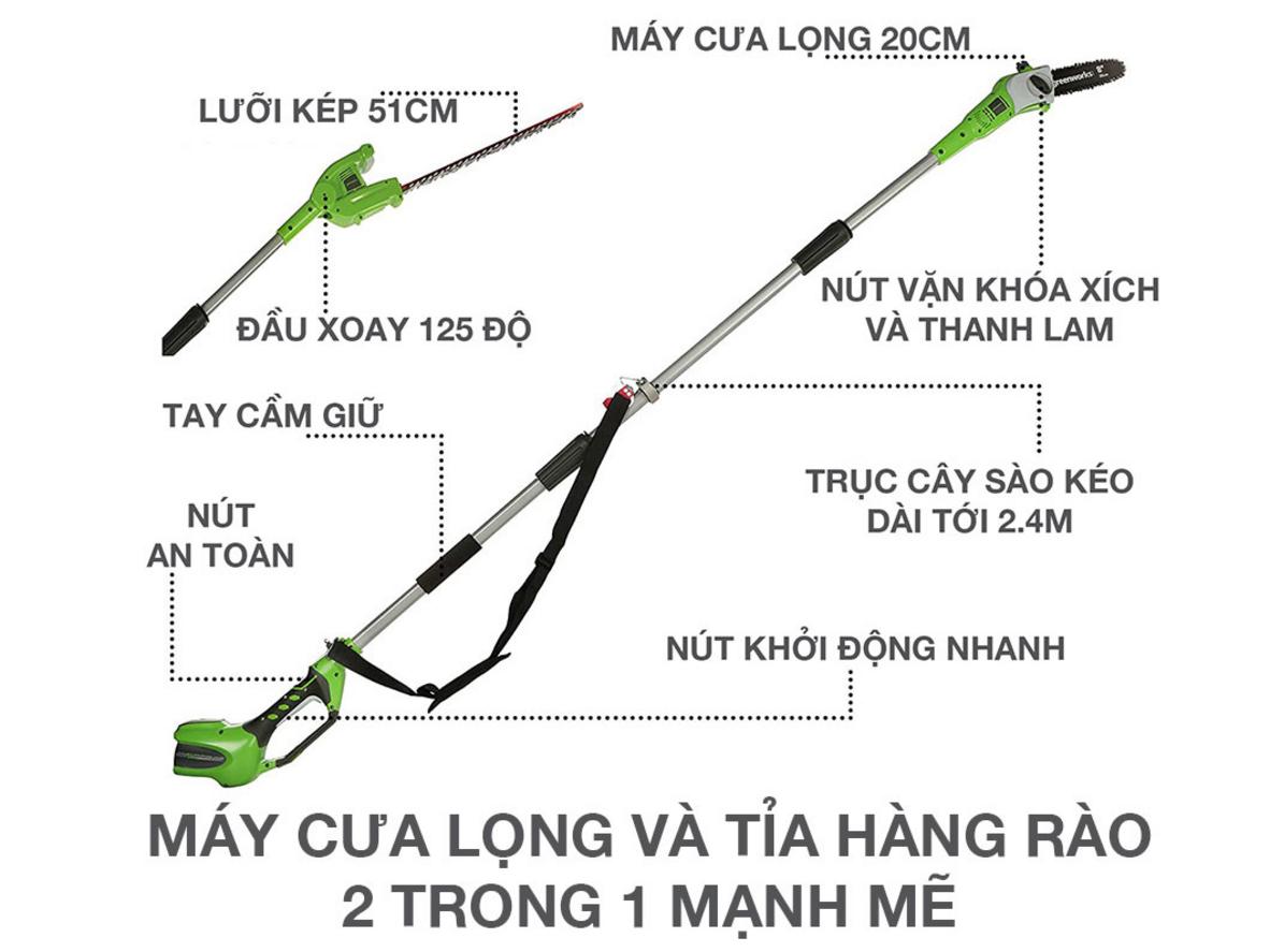 Trục telesopic 2.4 m giúp tiếp cận phần trên của hàng rào và cành cao.