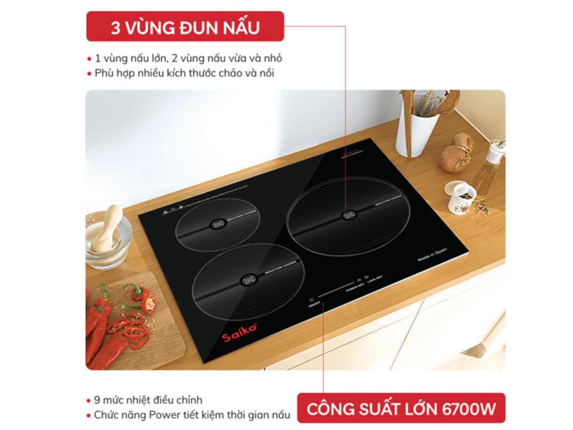 3 vùng nấu độc lập giúp nấu nhiều món cùng lúc.