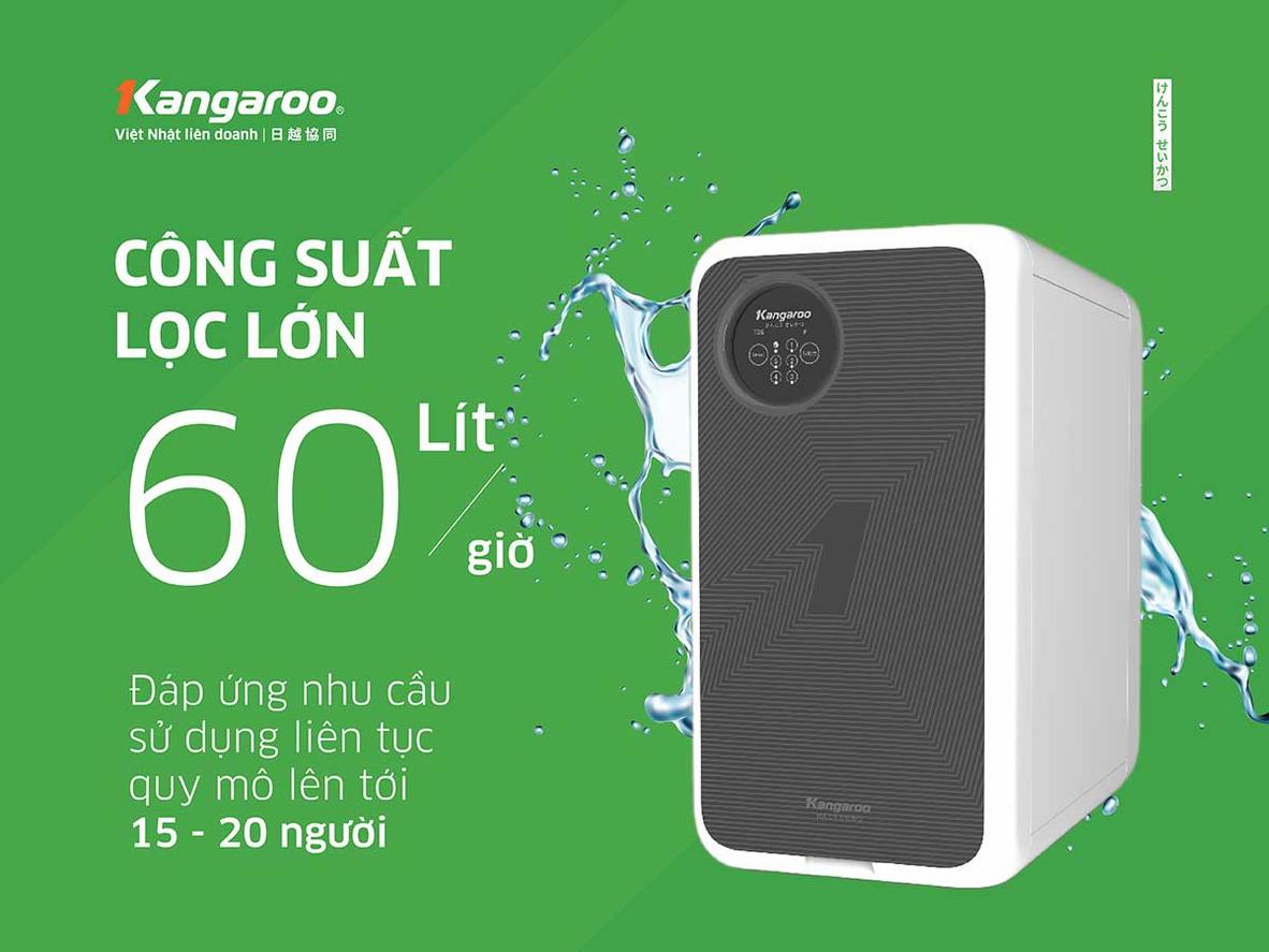 Công suất 60 lít/giờ đáp ứng nhu cầu nước sạch liên tục.