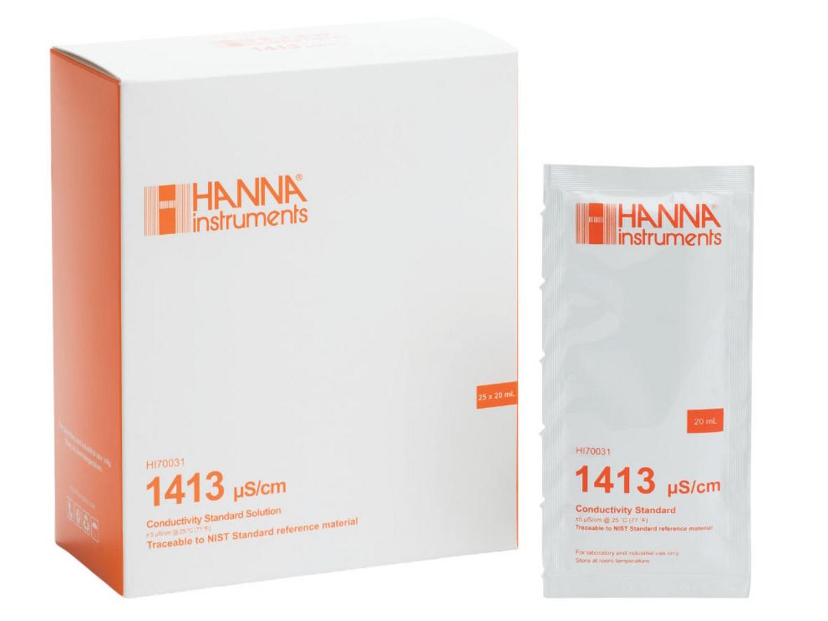 Tổng quan Dung dịch hiệu chuẩn độ dẫn (EC) Hanna HI70031P (1413 µS/cm, 25 gói x 20ml)