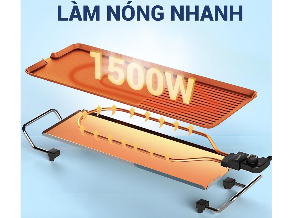 Công suất 1500W giúp bếp làm nóng nhanh và nướng tiện hơn.