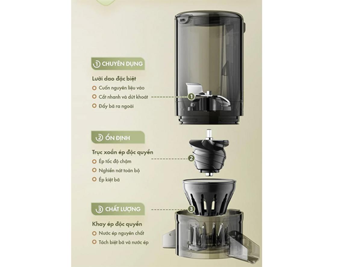 Miệng tiếp nguyên liệu 103mm giúp ép nguyên trái tiện lợi