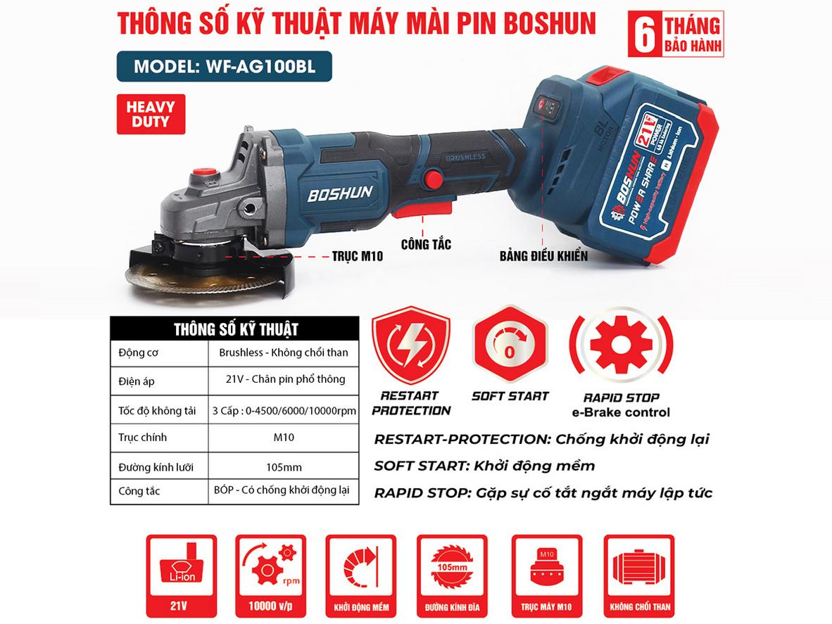 Tổng quan Máy mài, cắt dùng pin Boshun BS-AG100BL - Công tắc bóp