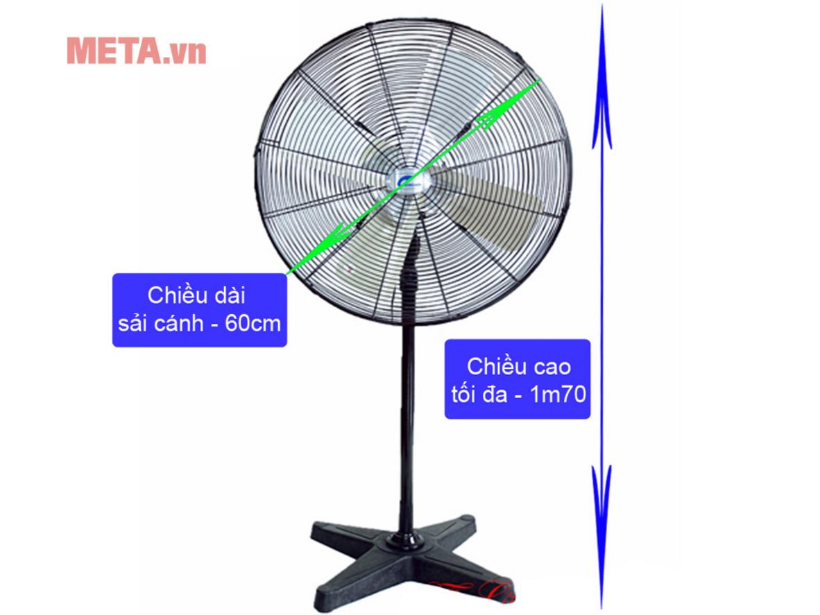 Sải cánh 600 mm và 4 cánh kim loại giúp quạt thổi gió mạnh, diện rộng