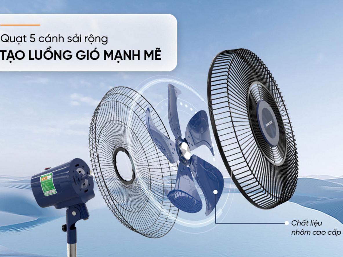 5 cánh nhôm và sải cánh lớn cho luồng gió rộng, mát nhanh.