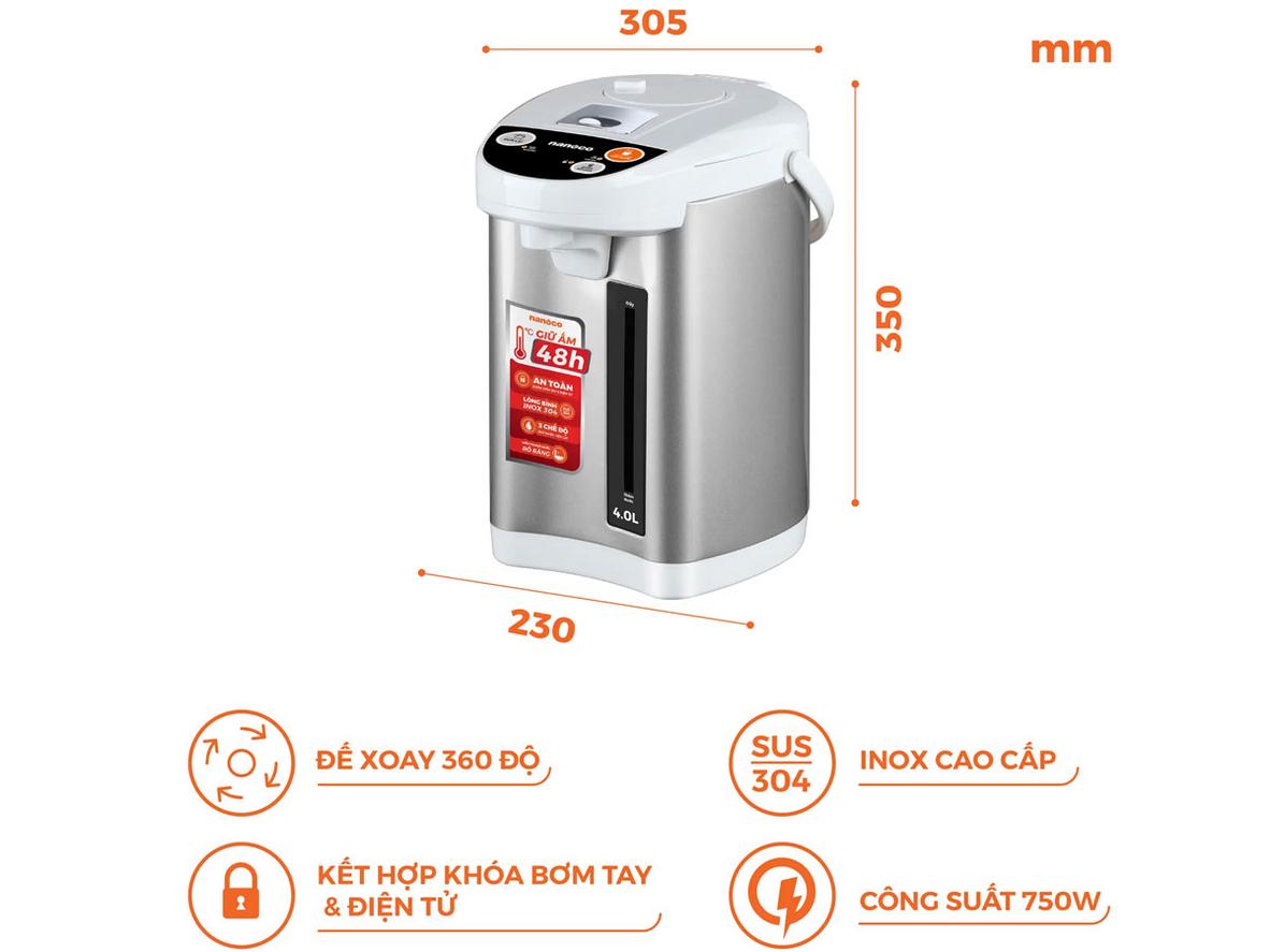 Các điểm mạnh chính của Nanoco NETF400: dung tích lớn, an toàn và dễ thao tác.