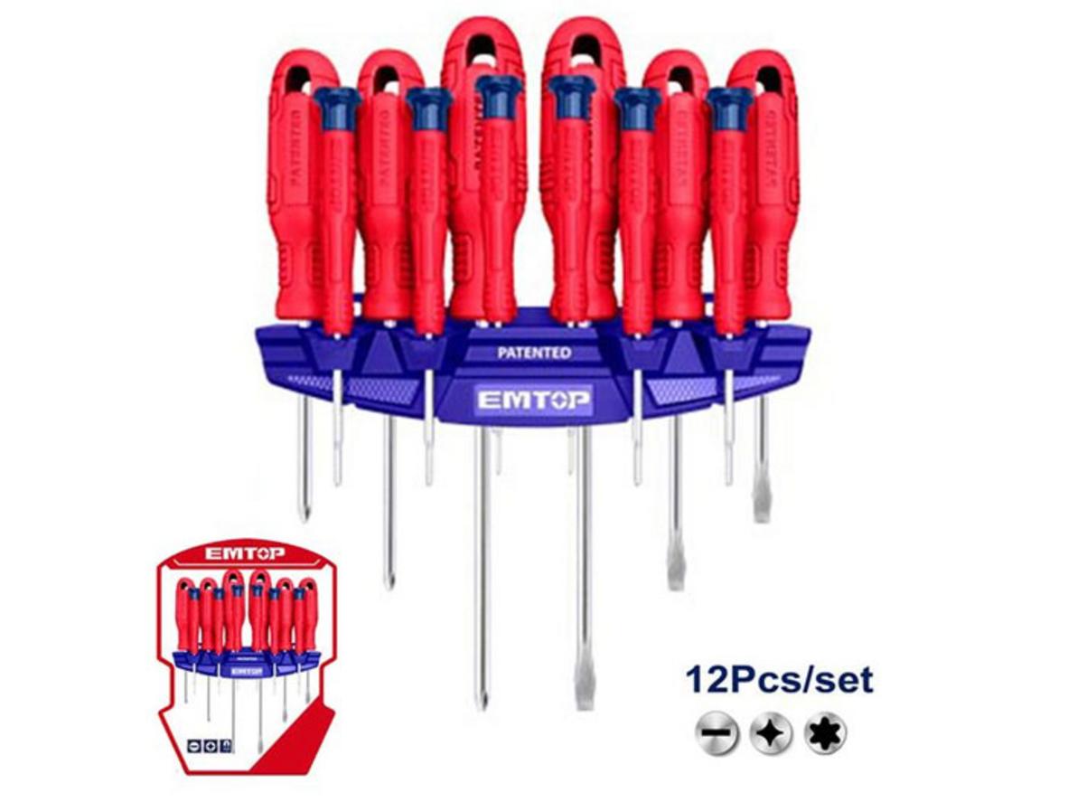 Bộ 12 tua vít Emtop ESST1201 gồm cả tua vít thường và tua vít chính xác.