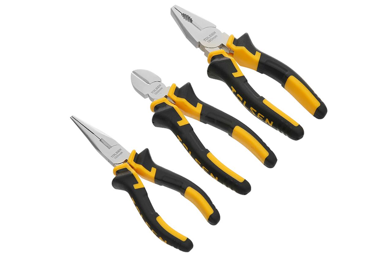 Bộ 3 kìm Tolsen 10400 gồm kìm răng, kìm cắt và kìm nhọn cho nhiều nhu cầu thao tác.