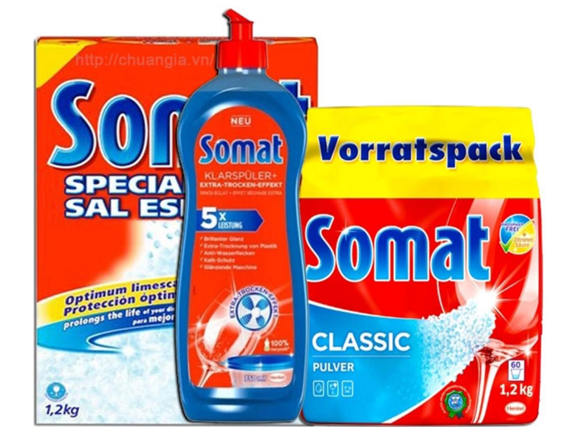 Bộ 3 món gồm bột, muối, nước làm bóng Somat chuyên dụng cho máy rửa chén bát