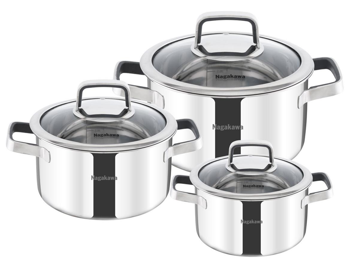 Bộ 3 nồi inox 304 Nagakawa NAG1353 gồm 3 kích cỡ linh hoạt cho nấu ăn hằng ngày.