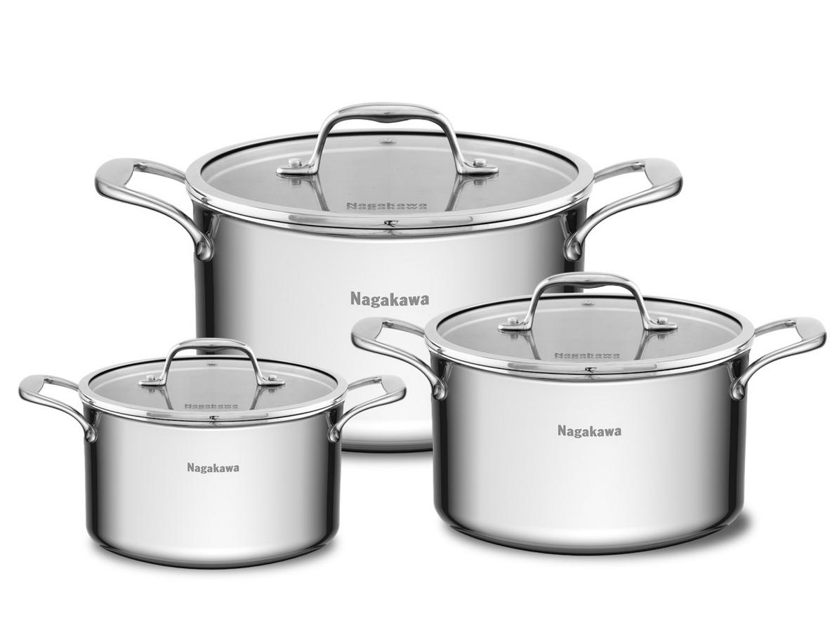 Bộ 3 nồi inox Nagakawa NAG1356 gồm 3 size linh hoạt cho bếp gia đình.