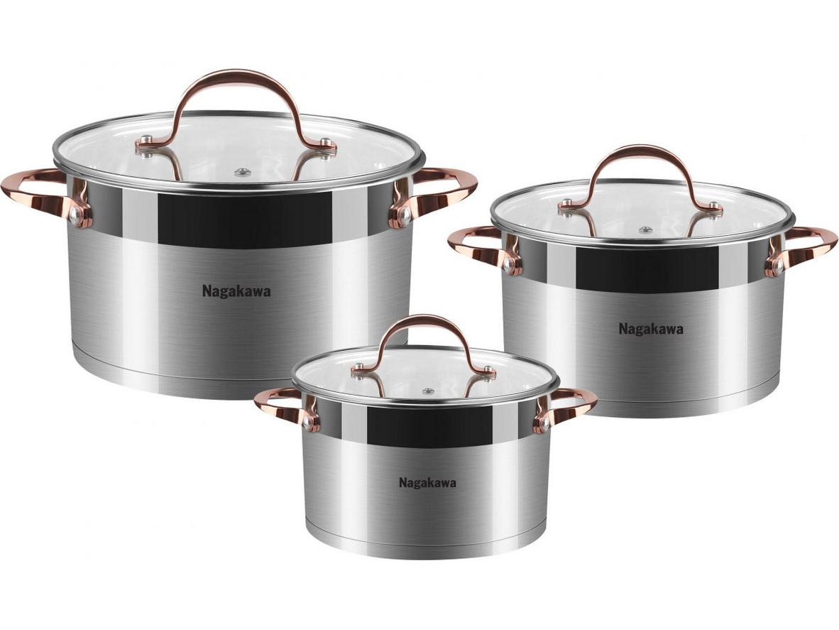 Bộ 3 nồi inox Nagakawa NAG1352 gồm 16cm, 20cm và 24cm, phù hợp nhiều nhu cầu nấu trong gia đình.