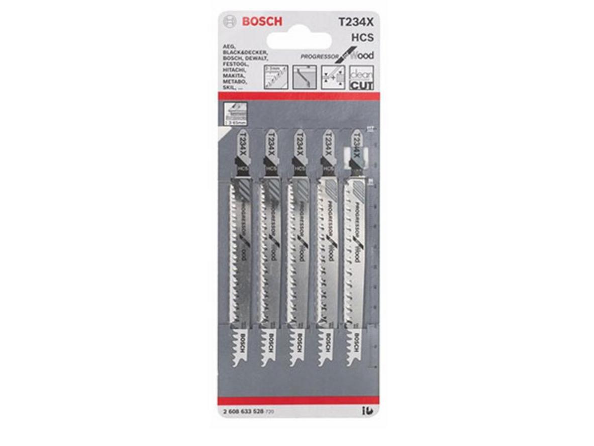 Bộ 5 lưỡi cưa lọng gỗ Bosch T 234 X - 2608633528 chính hãng, chuôi T, dùng cho cắt gỗ mềm và MDF.