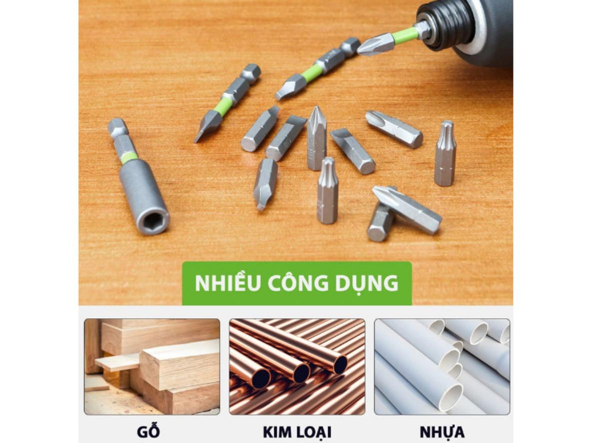 Thiết kế impact rated, thép carbon và chuôi lục giác 1/4 inch giúp bộ mũi bền và dễ thao tác.