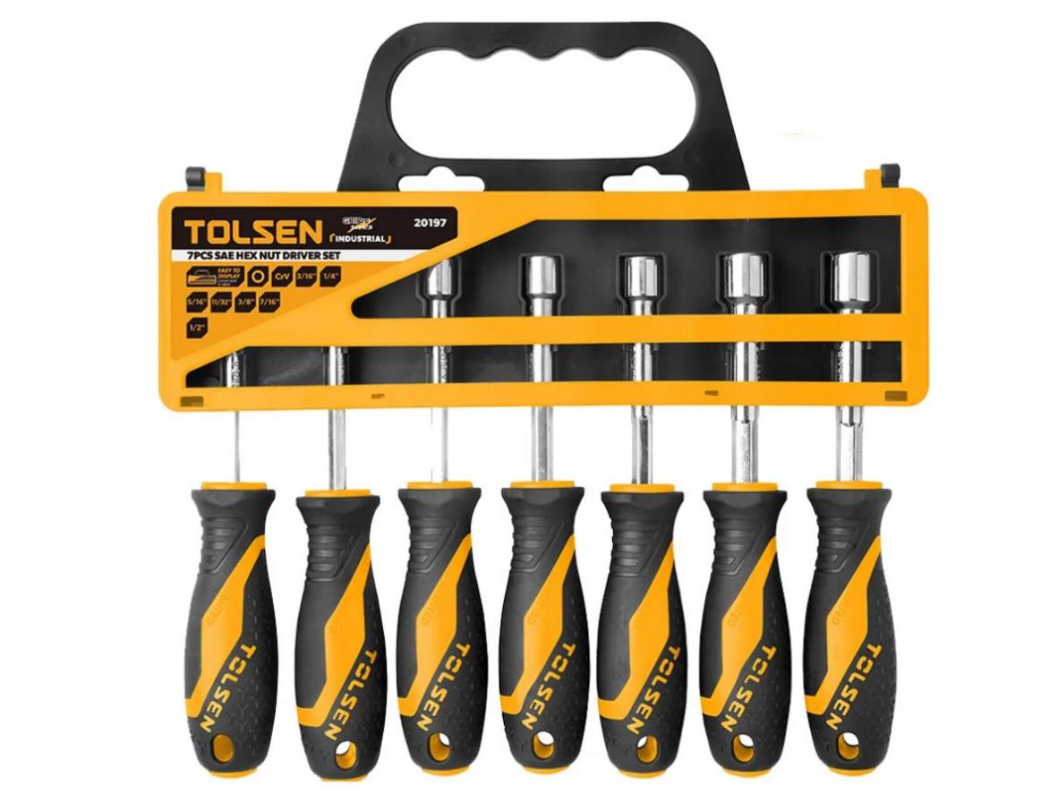 Bộ 7 cây vít đầu lục giác Tolsen 20197 với 7 size hệ inch, thân CR-V bền chắc.