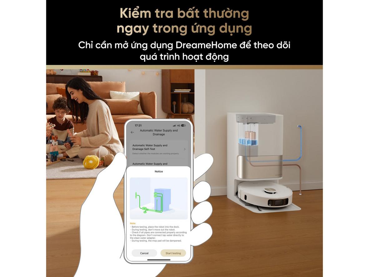 Cơ chế cấp/xả nước tự động giúp trạm sạc Dreame vận hành khép kín và an toàn hơn.