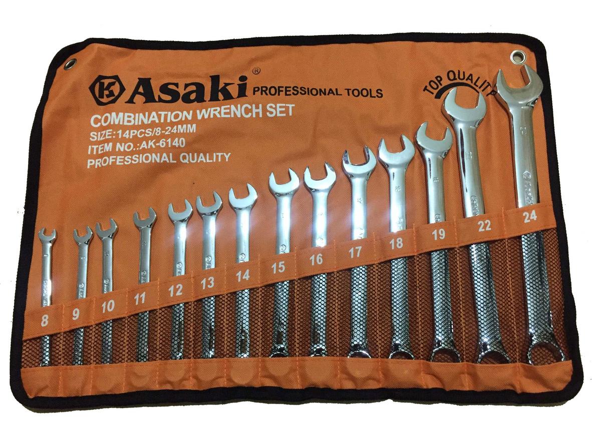 Bộ cờ lê Asaki AK-6140 gồm 14 chi tiết từ 8mm đến 24mm, phù hợp cho nhiều nhu cầu sửa chữa.