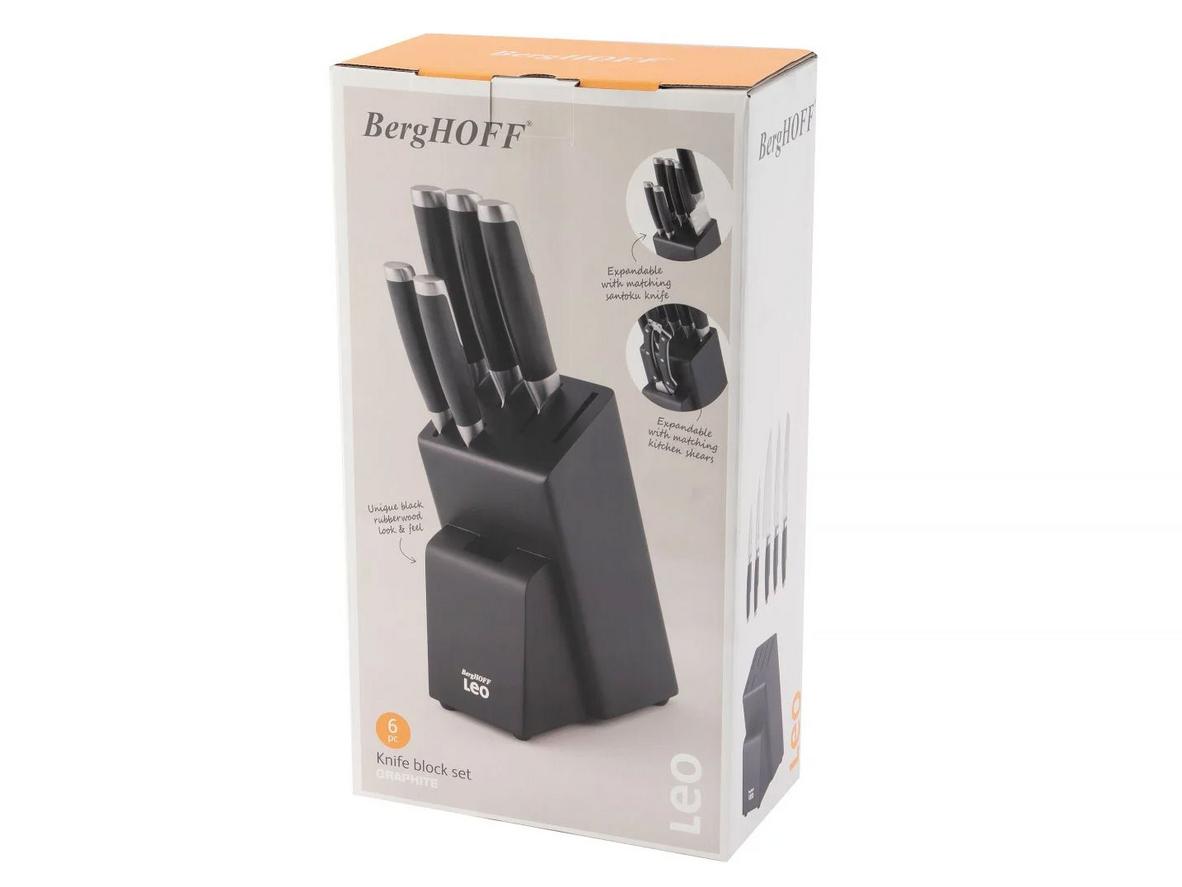 Các thành phần trong bộ dao 6 món Berghoff Graphite được bố trí đồng bộ, dễ quan sát và sang trọng.