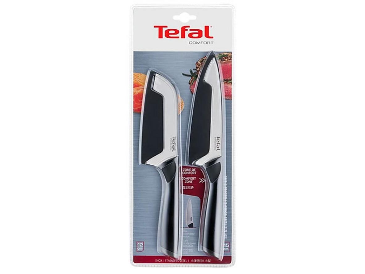 Bộ dao Tefal Comfort K221S244 gồm dao Chef 15cm và dao Santoku 12cm, thiết kế gọn, sắc và an toàn.
